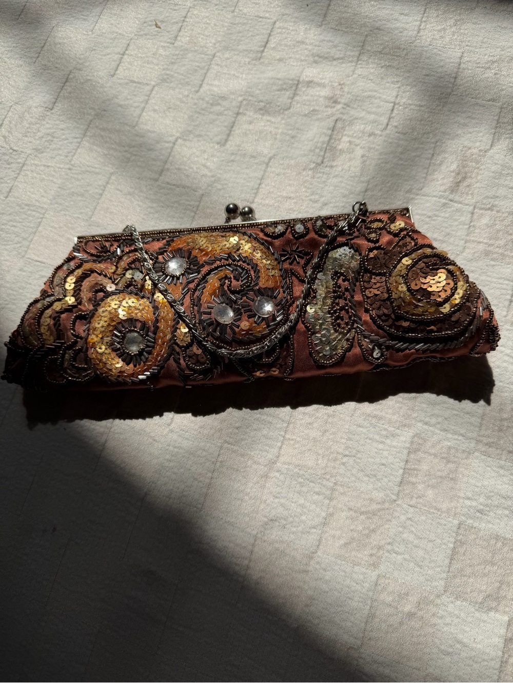 Embellished Brown Sequin Clutch Bag